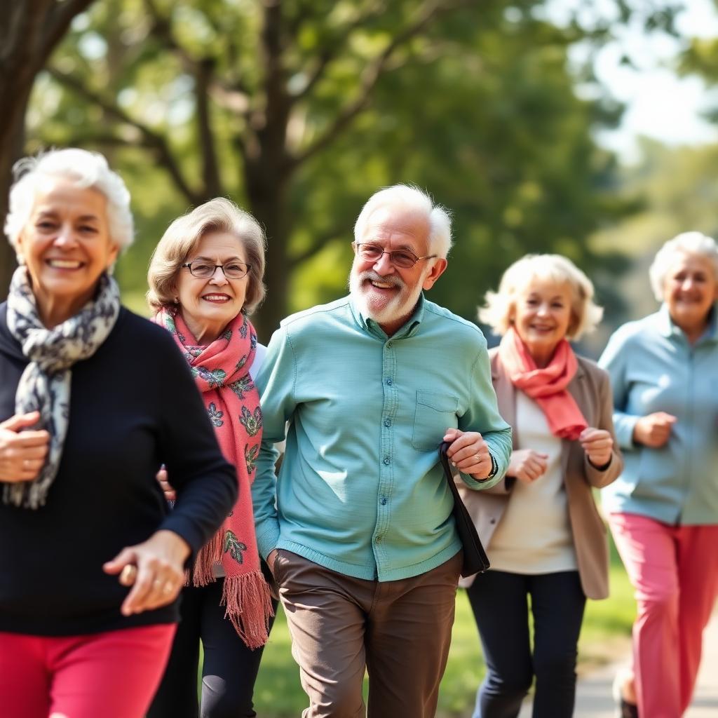 A walking club of active adults moving together outdoors, smiling and connecting